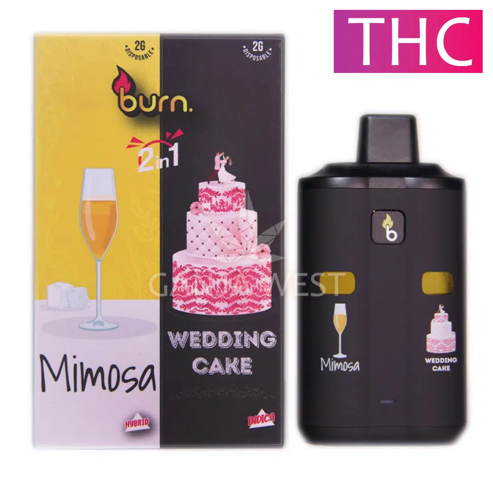 buy-weed-online-dispensary-ganja-west-burn-disposable-dual-chamber-mimosa-wedding-cake Burn - Mimosa (Hybrid) / Wedding Cake (Indica) Dual Chamber (2G+2G) - Disposable Pen